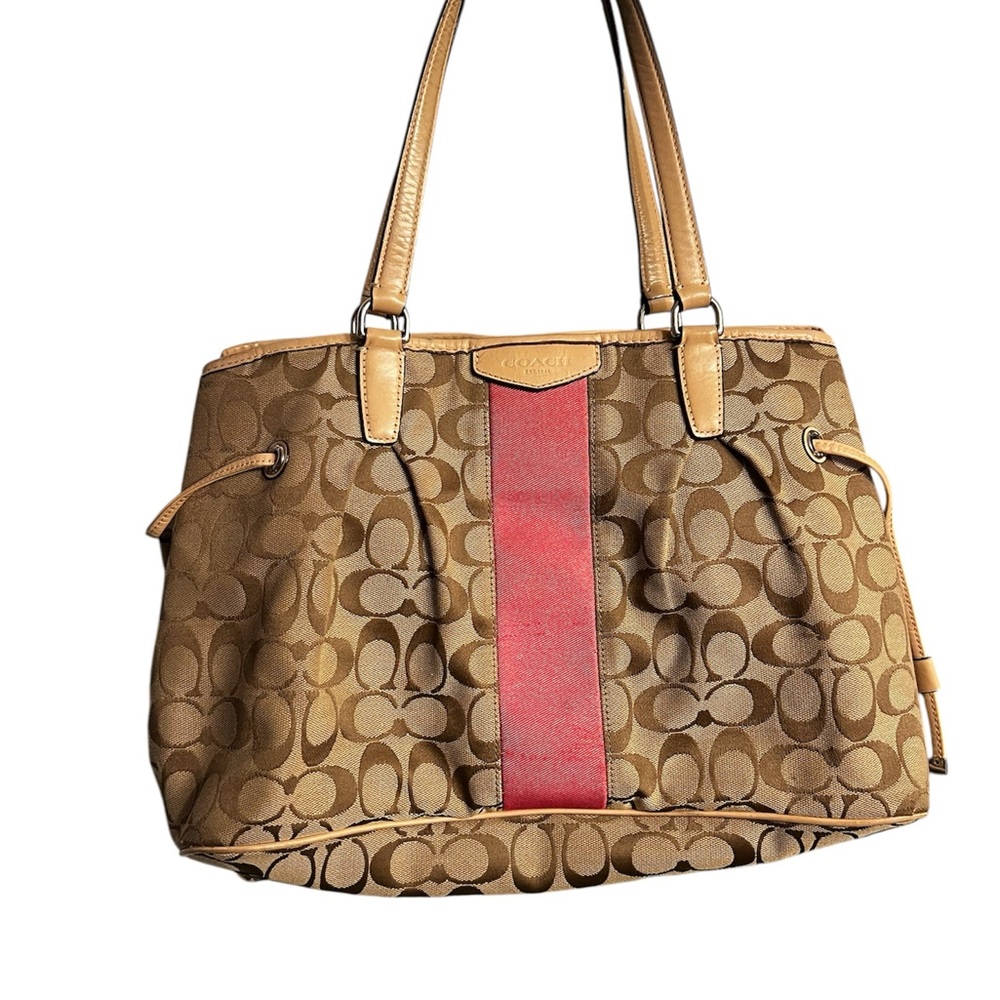 Coach Brown and Pink Signature Stripe Tote Bag